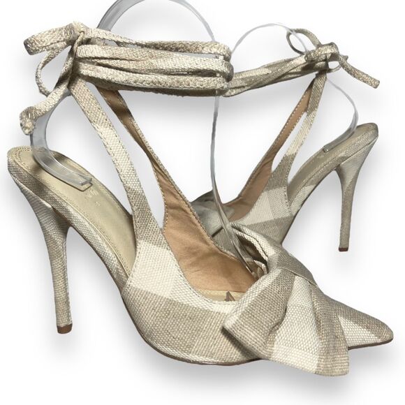 ASOS Women Linen Lace Up High Heels Shoes Size US 6 UK 4 Grayish Beige Bow Front - Picture 2 of 11